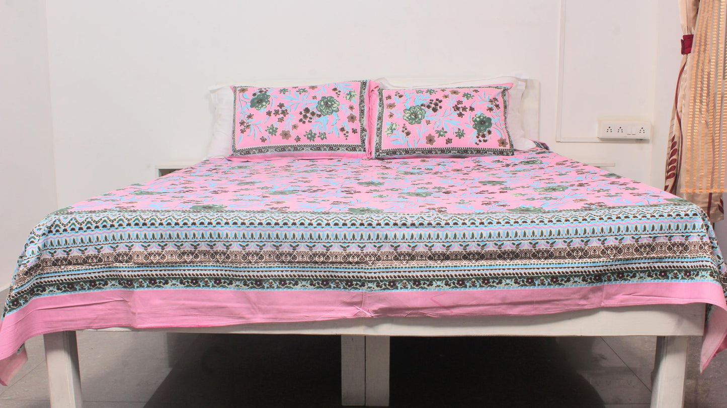 Pink Floral Borderd Printed King Size Double Bedsheet 93 x 108 Inches with 2 Pillow Covers