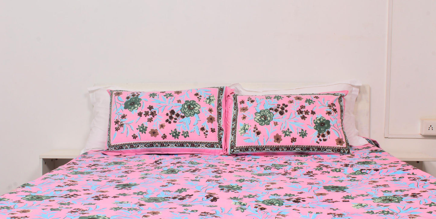 Pink Floral Borderd Printed King Size Double Bedsheet 93 x 108 Inches with 2 Pillow Covers
