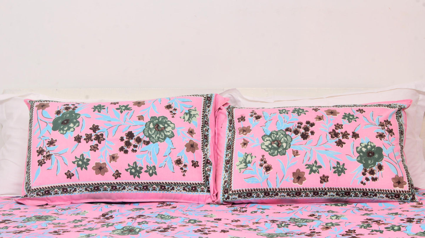 Pink Floral Borderd Printed King Size Double Bedsheet 93 x 108 Inches with 2 Pillow Covers