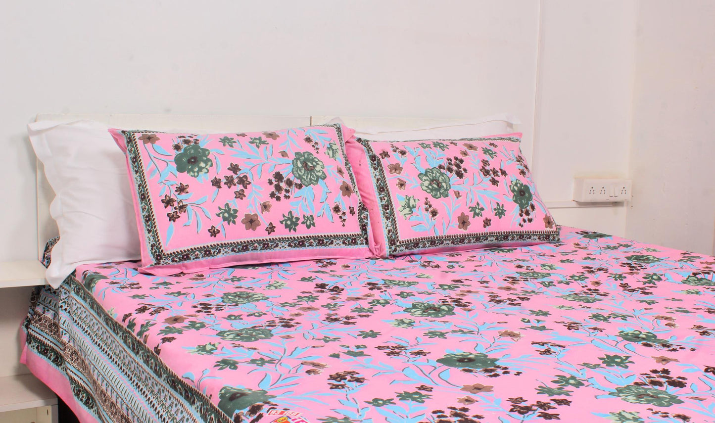 Pink Floral Borderd Printed King Size Double Bedsheet 93 x 108 Inches with 2 Pillow Covers