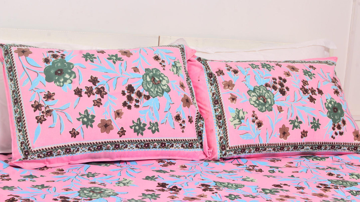 Pink Floral Borderd Printed King Size Double Bedsheet 93 x 108 Inches with 2 Pillow Covers