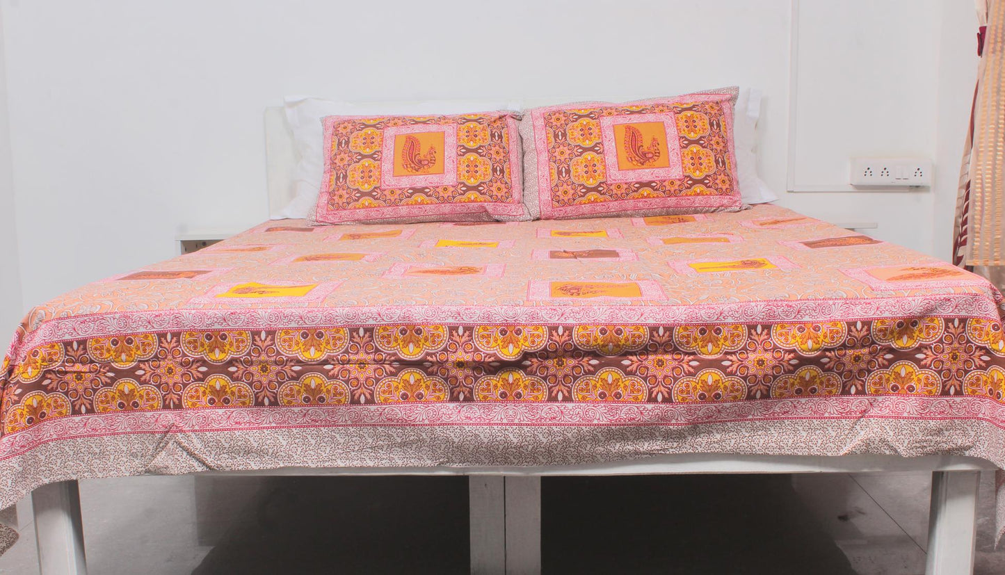 Orange Peacock Borderd Printed King Size Double Bedsheet 93 x 108 Inches with 2 Pillow Covers