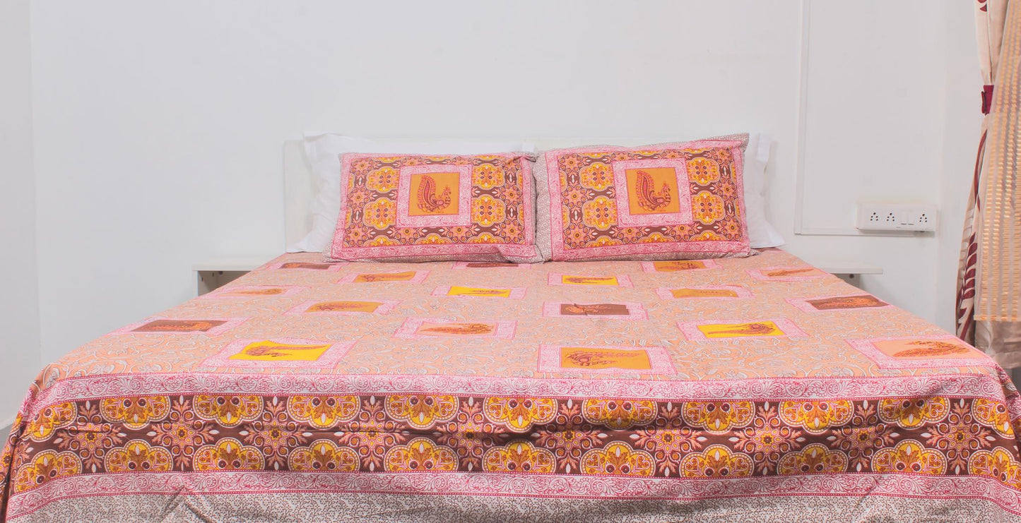 Orange Peacock Borderd Printed King Size Double Bedsheet 93 x 108 Inches with 2 Pillow Covers