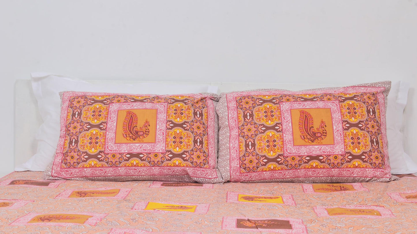 Orange Peacock Borderd Printed King Size Double Bedsheet 93 x 108 Inches with 2 Pillow Covers