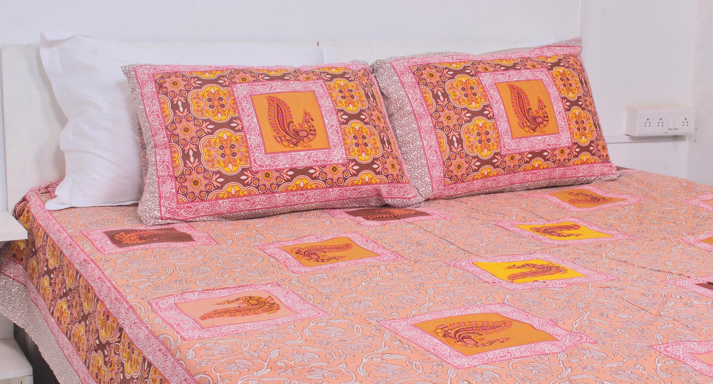 Orange Peacock Borderd Printed King Size Double Bedsheet 93 x 108 Inches with 2 Pillow Covers