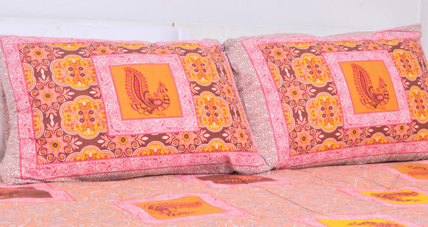 Orange Peacock Borderd Printed King Size Double Bedsheet 93 x 108 Inches with 2 Pillow Covers