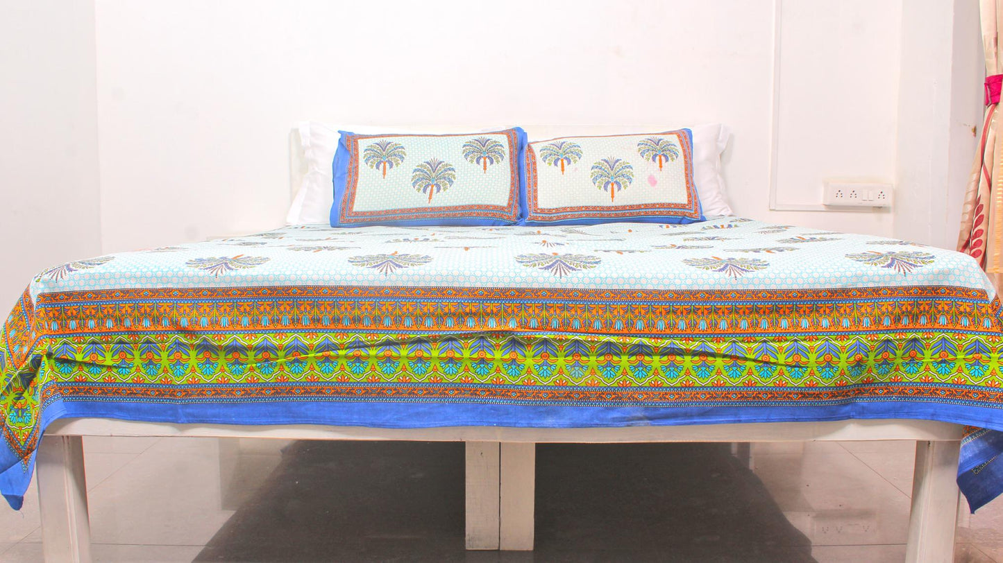 Blue Ethnic Cotton Printed Double Bedsheet 90 X 100 Inches with 2 Pillow Covers