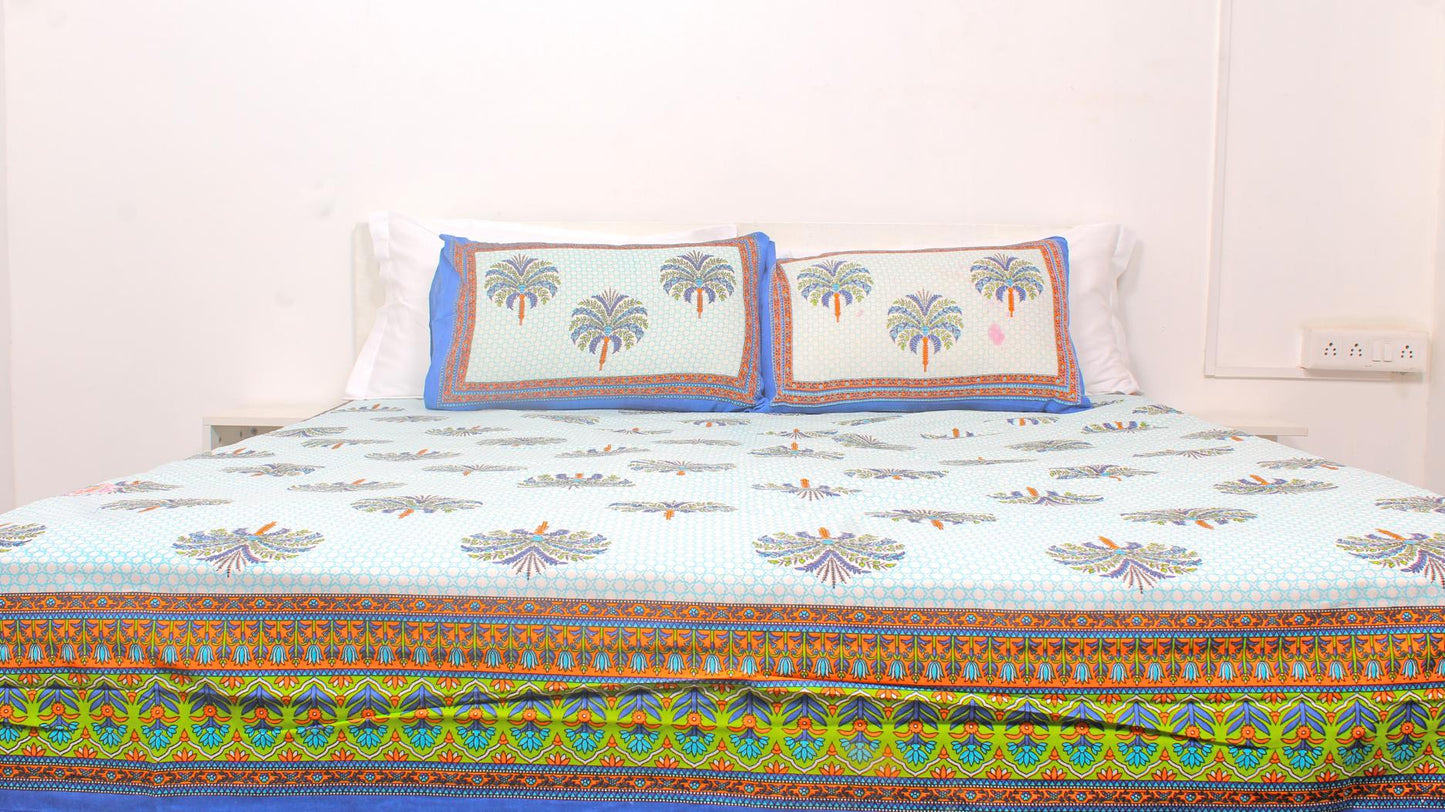 Blue Ethnic Cotton Printed Double Bedsheet 90 X 100 Inches with 2 Pillow Covers