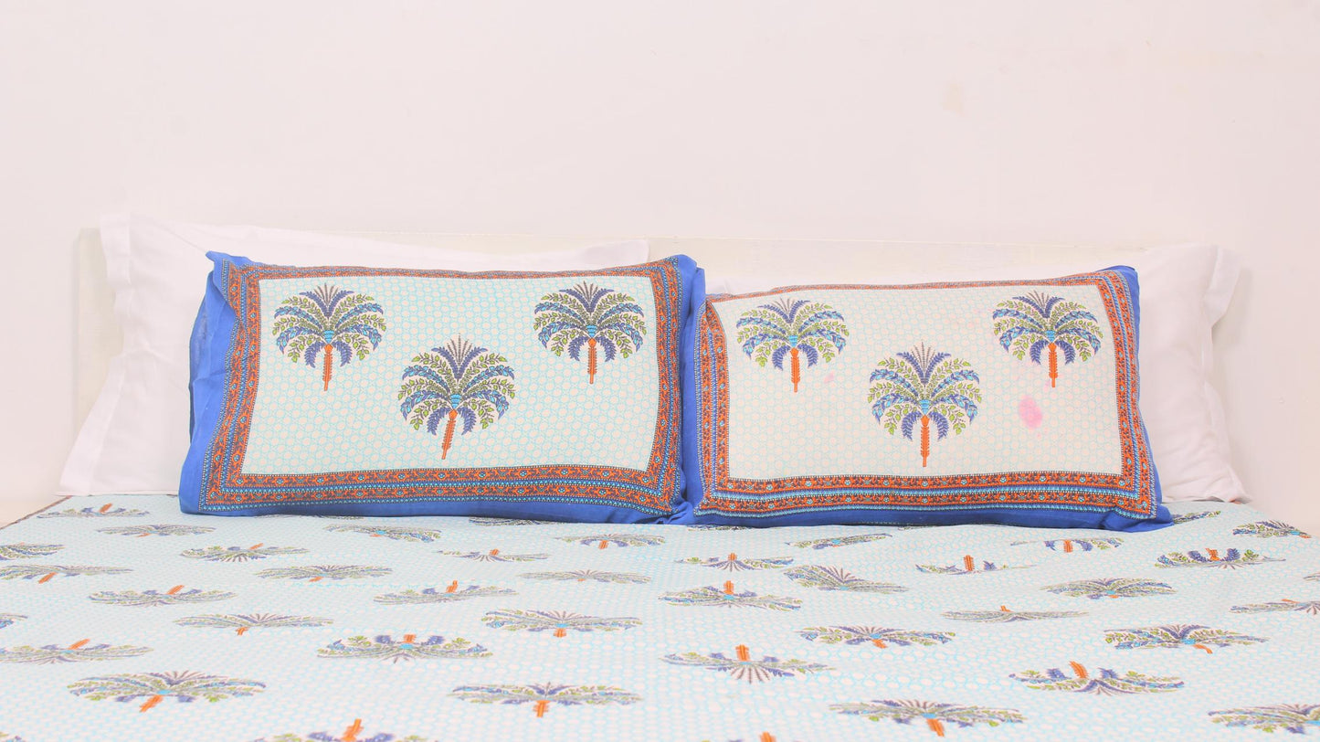 Blue Ethnic Cotton Printed Double Bedsheet 90 X 100 Inches with 2 Pillow Covers