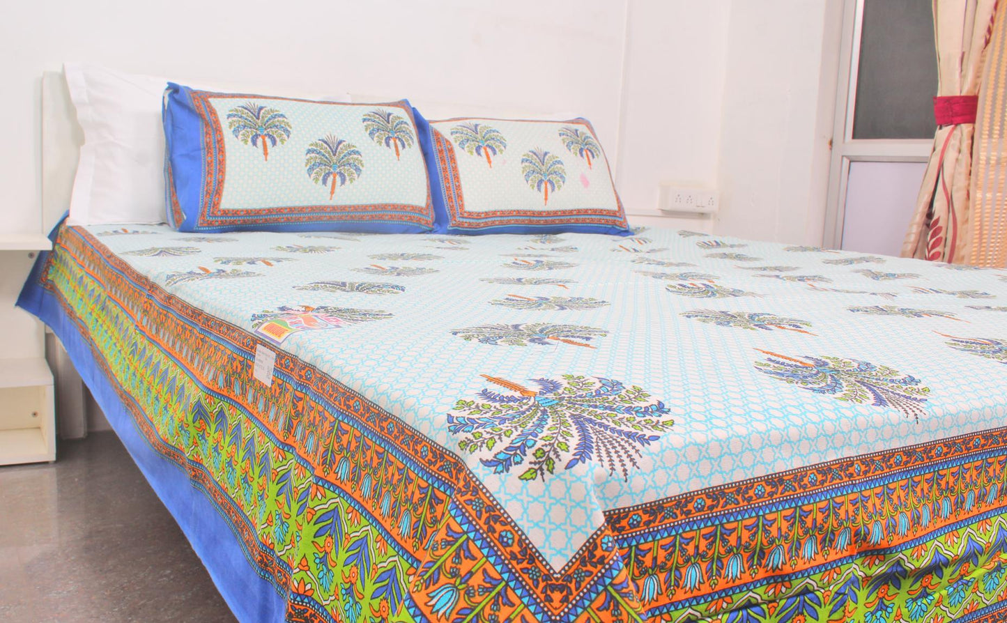 Blue Ethnic Cotton Printed Double Bedsheet 90 X 100 Inches with 2 Pillow Covers
