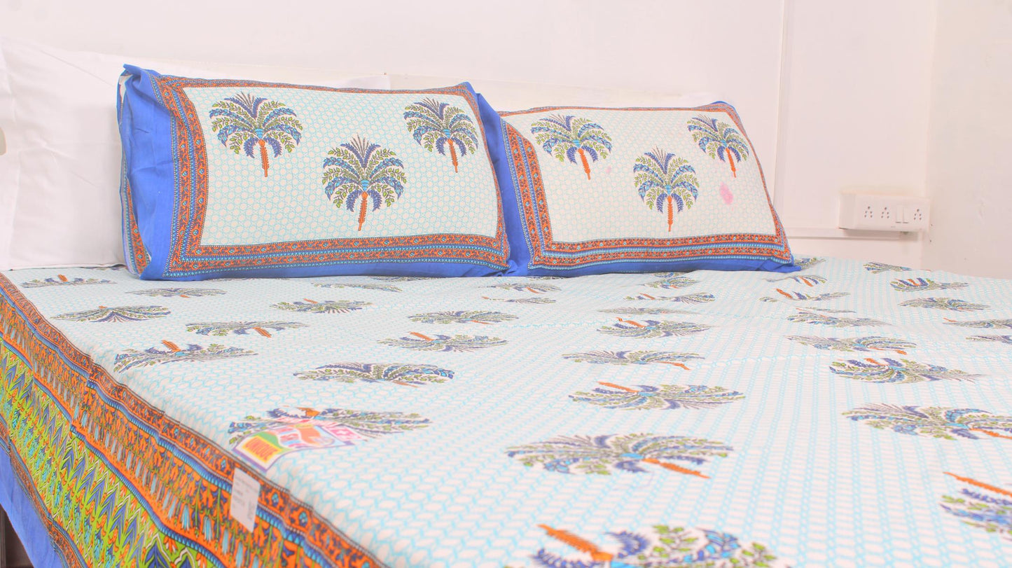 Blue Ethnic Cotton Printed Double Bedsheet 90 X 100 Inches with 2 Pillow Covers