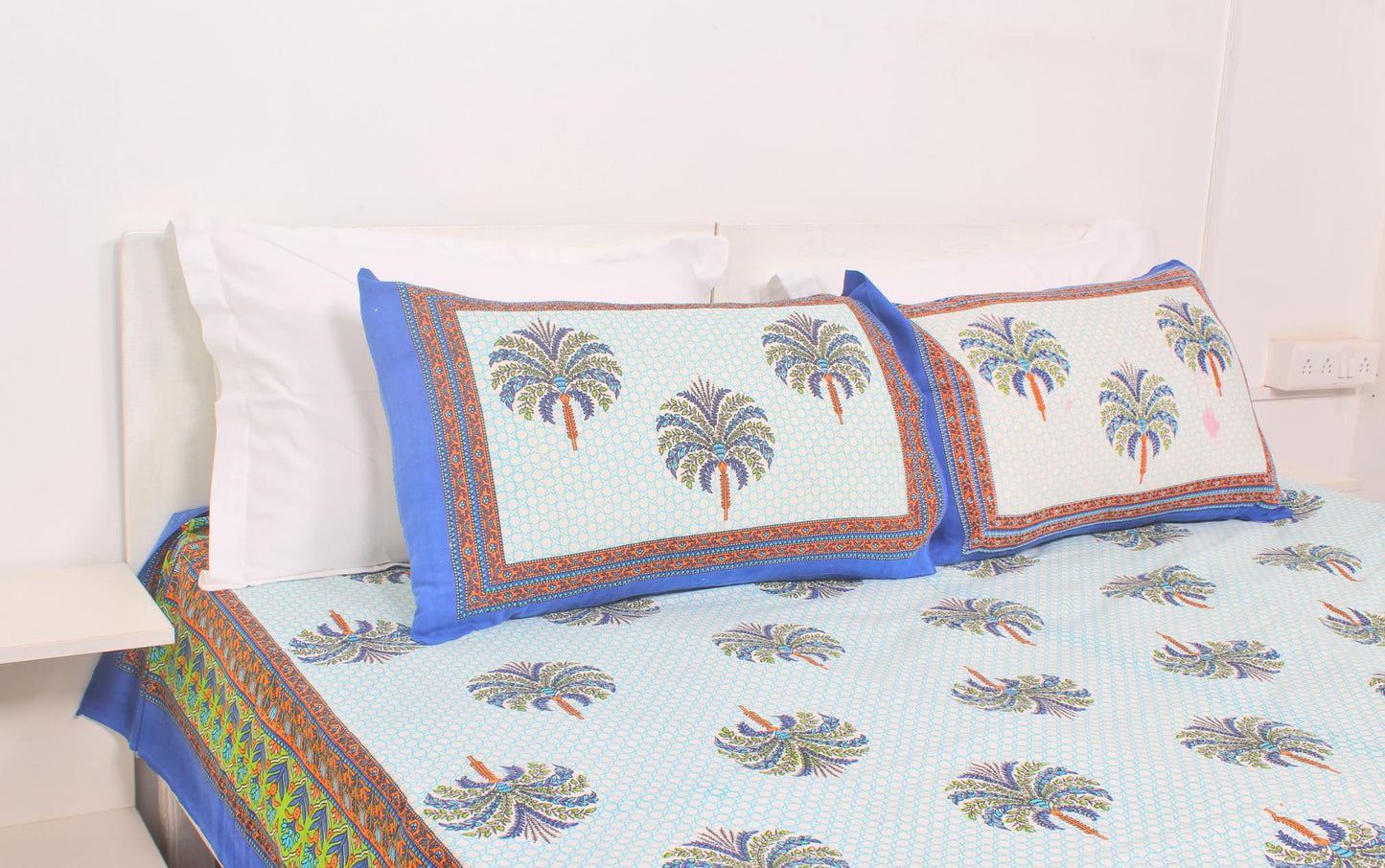 Blue Ethnic Cotton Printed Double Bedsheet 90 X 100 Inches with 2 Pillow Covers