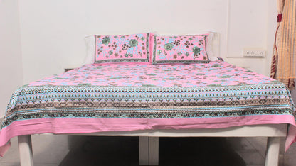 Pink Floral Borderd Printed King Size Double Bedsheet 93 x 108 Inches with 2 Pillow Covers