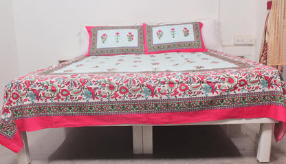 Blue & Pink Floral Printed King Size Double Bedsheet 93 X 108 Inches with 2 Pillow Covers