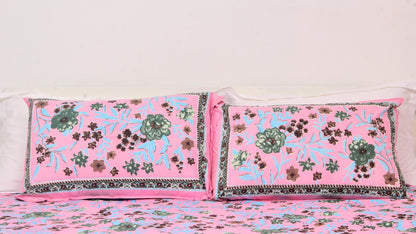 Pink Floral Borderd Printed King Size Double Bedsheet 93 x 108 Inches with 2 Pillow Covers