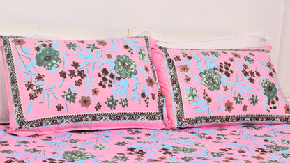 Pink Floral Borderd Printed King Size Double Bedsheet 93 x 108 Inches with 2 Pillow Covers