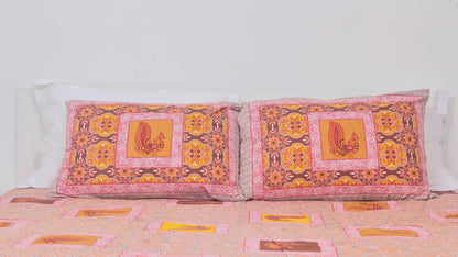 Orange Peacock Borderd Printed King Size Double Bedsheet 93 x 108 Inches with 2 Pillow Covers
