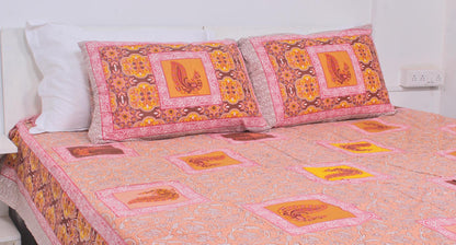 Orange Peacock Borderd Printed King Size Double Bedsheet 93 x 108 Inches with 2 Pillow Covers