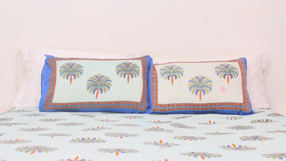 Blue Ethnic Cotton Printed Double Bedsheet 90 X 100 Inches with 2 Pillow Covers