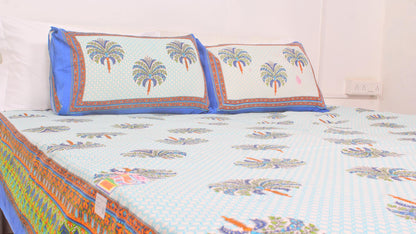 Blue Ethnic Cotton Printed Double Bedsheet 90 X 100 Inches with 2 Pillow Covers