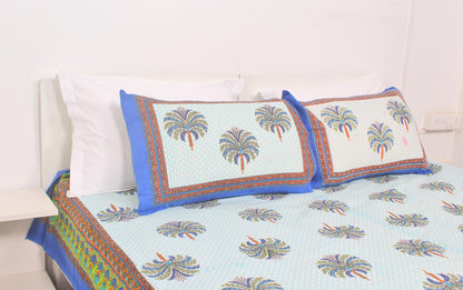 Blue Ethnic Cotton Printed Double Bedsheet 90 X 100 Inches with 2 Pillow Covers